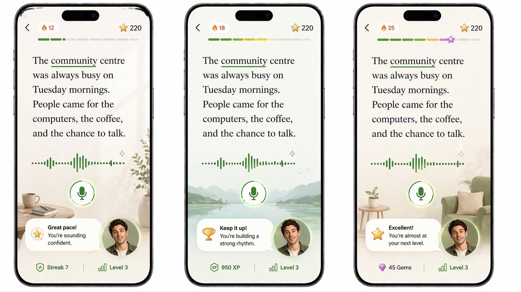 Three phone screens showing the Reading Aloud module: large text, active waveform, Coach listening in the corner.